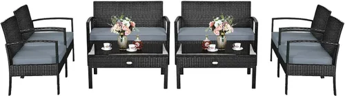 Miniatura 8 de HAPPYGRILL Juego de muebles de patio de 4 piezas, juego de conversación de mimbre de ratán para jardín, piscina, césped, sofá biplaza, asiento Marrón