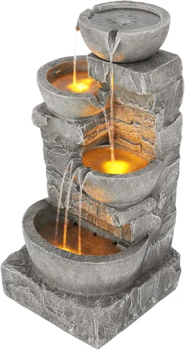 Teamson Home Fuente de Agua LED para Exteriores de 33.25 pulgadas con Tazones en Cascada y Piedras Apiladas para Jardines, Paisajismo, Patios, Gris
