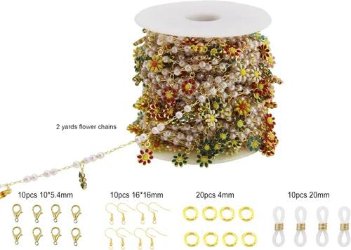 Miniatura 2 de Cadena de eslabones de girasol esmaltada hecha a mano con fornituras de latón chapado en oro para hacer joyas, máscara de vidrio, zapatos, Cc02