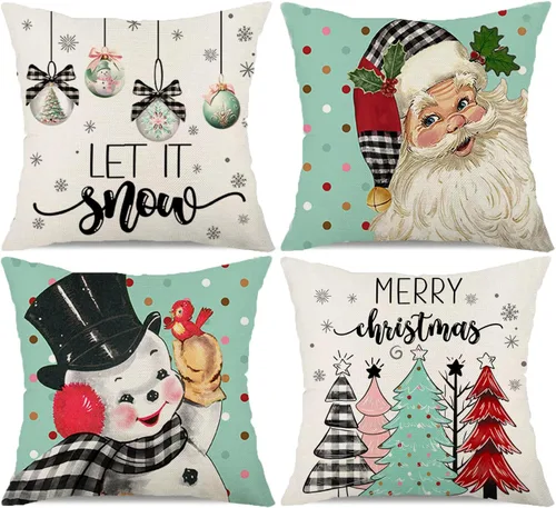 Miniatura 8 de Juego de 4 fundas de almohada decorativas de Navidad de 18 x 18 pulgadas, diseño de rayas rojas, Papá Noel, muñeco de nieve, copo de nieve, árbol
