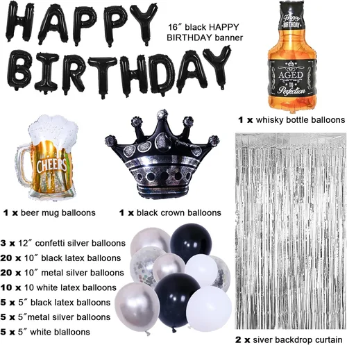 Miniatura 2 de Globos de cumpleaños negros y plateados para hombres y mujeres, decoraciones de feliz cumpleaños para niños, pancarta de globos de feliz cumpleaños