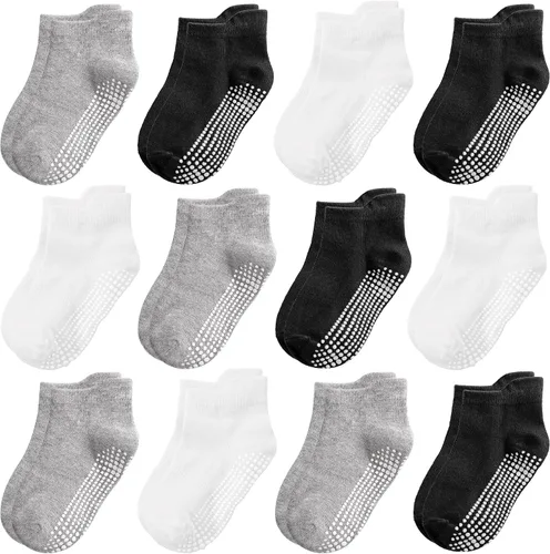 Tphon Calcetines antideslizantes para niños pequeños, 12 pares de calcetines de agarre para niños y niñas, calcetines de tobillo con agarre para