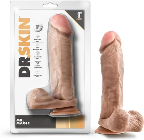 Blush Dr. Skin Mr. Magic 9" Consolador realista con ventosa y bolas - 2" de grosor, suave sensación real, compatible con correa, consolador para