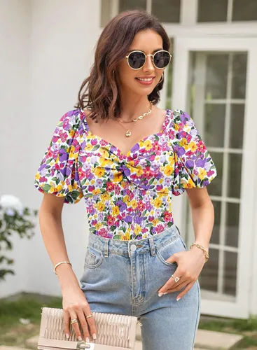 Miniatura 5 de DOROSE Blusa de manga abombada para mujer, con cuello de corazón, parte delantera fruncida