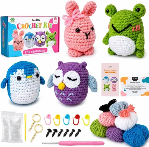 Miniatura 9 de Kit de ganchillo para aprender A-URA para principiantes niños y adultos, kits de ganchillo premium de 3 patrones de animales de gran