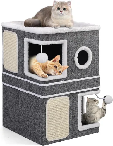 Miniatura 18 de Casa de Gato de 2 Pisos para Gatos de Interior, Separable en 2 Grandes Camas de Gato Cueva con Condominios Escondidos, Almohadillas para Rascar
