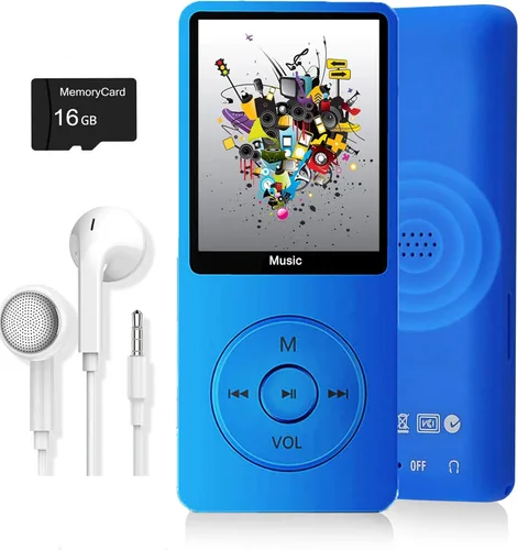 Miniatura 10 de Reproductor de MP3, reproductor de música con tarjeta micro SD de 16 GB, altavoz integrado/foto/reproducción de video/radio FM/grabadora