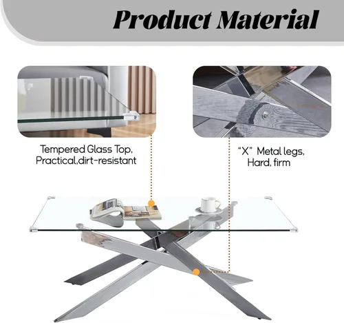 Miniatura 6 de Mesa auxiliar de cristal de 47 pulgadas, mesa central rectangular moderna con parte superior de vidrio templado transparente y patas de metal mesa