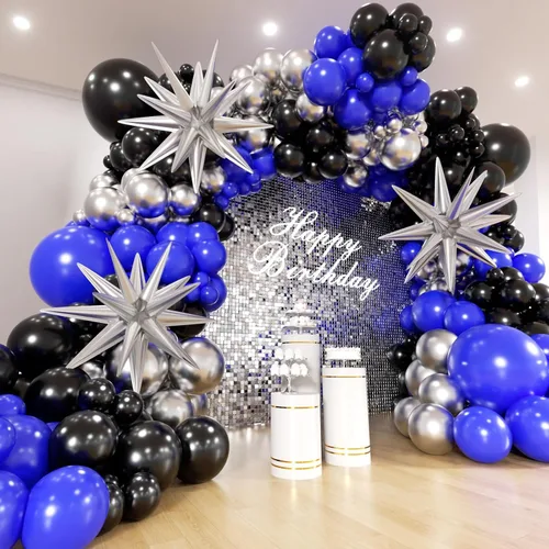 Kit de arco de globos azul real y negro, globos azul marino, globos metálicos plateados y negros, kit de guirnalda de globos de diferentes tamaños