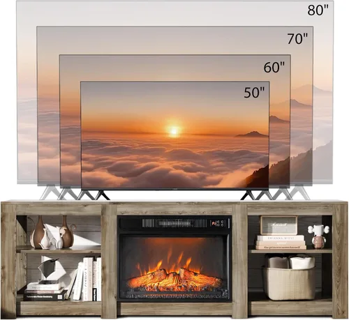 Miniatura 3 de Bonnlo Soporte de TV con chimenea para televisores de hasta 80 pulgadas, centro de entretenimiento rústico con calentador eléctrico y estantes Roble