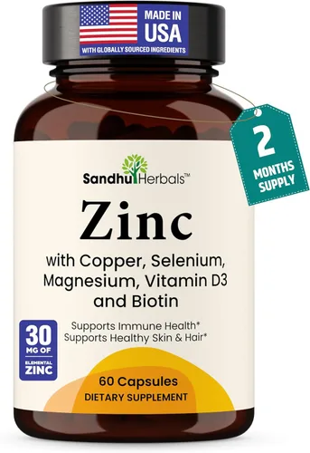 Zinc 30mg con cobre, selenio y vitamina D3 | 60 cápsulas | Magnesio, vitamina B6, complejo de biotina | Suplementos de zinc quelado absorbible para