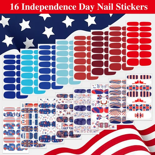 Miniatura 2 de Paquete de 16 hojas de esmalte de uñas para el Día de la Independencia, tiras de esmalte de uñas de gel autoadhesivas, con bandera estadounidense