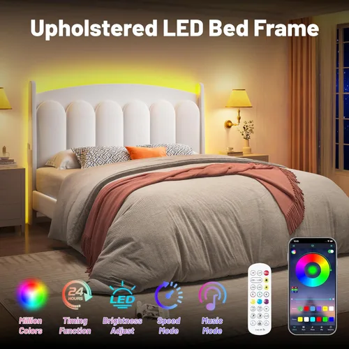 Miniatura 5 de CypBed Base de cama de tamaño matrimonial con luces LED de cabecero, cama matrimonial tapizada de terciopelo, cama matrimonial con plataforma