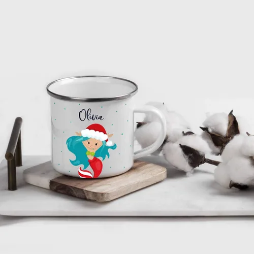 Miniatura 2 de Andaz Press Taza de café de acero inoxidable con nombre personalizado de 11 onzas para niños, diseño de sirena festiva, 1 paquete, taza de Navidad