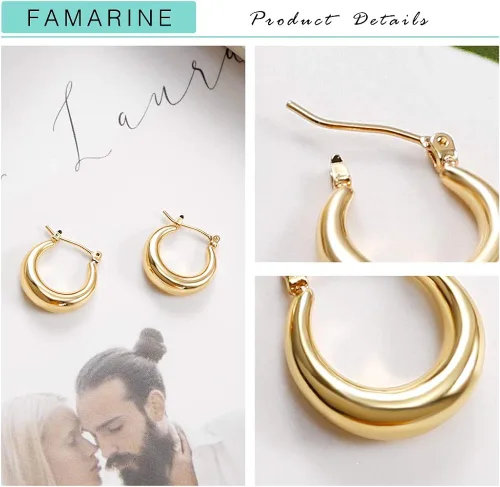 Miniatura 5 de FAMARINE Aretes de aro pequeños chapados en oro de 14 quilates, delicados aretes minimalistas abiertos para regalo de mujer