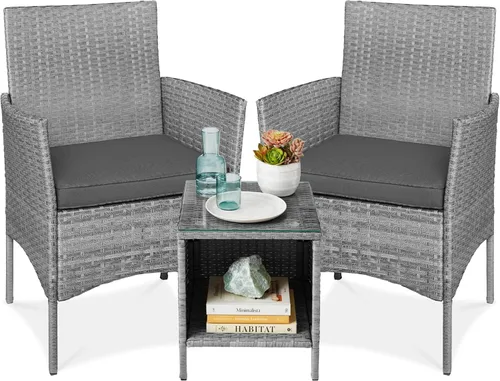 Miniatura 24 de Best Choice Products Juego de 3 piezas de mimbre para conversación al aire libre, muebles de patio que ahorran espacio para jardín con mesa