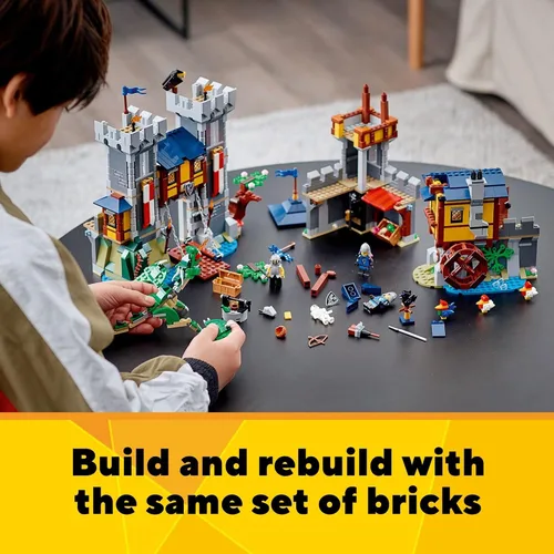 Miniatura 4 de LEGO Creator 3 en 1 - Juguete de castillo medieval que se transforma de castillo a torre en mercado, incluye figura de esqueleto y dragón, con 3