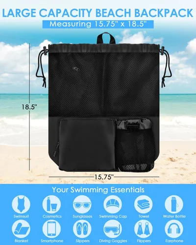 Miniatura 5 de BROTOU Mochila de playa para natación con bolsillo húmedo de malla y cordón, bolsas para nadar, gimnasio Negro