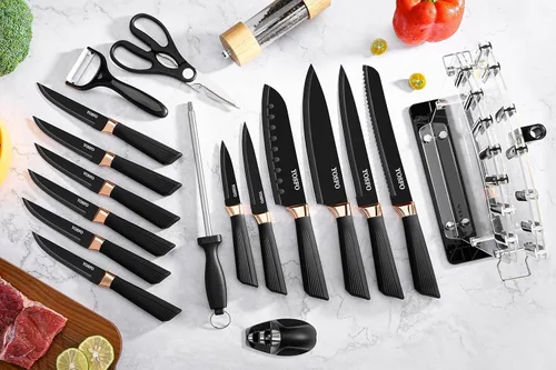 Miniatura 3 de Juego de cuchillos de cocina con bloque y afilador, juego de 17 cuchillos de acero inoxidable incluye juego de cuchillos de carne dentados