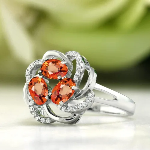 Miniatura 13 de Gem Stone King Flower Blossom Gemstone Birthstone Ring in 925 Sterling Silver 3-Stone Oval 6X4MM with Sparkling Accents Wedding Anniversary