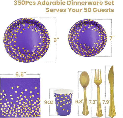 Miniatura 2 de AIRE 350 PCS Platos de Papel Morado Dorado Suministros de Fiesta para 50 Invitados Decoraciones de Fiesta Vajilla Desechable Platos de Papel Tazas