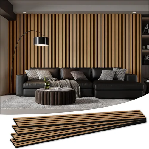 Paquete de 4 paneles acústicos de pared de 105.9" x 12.6" x 0.8" que absorben sonido, paneles de pared de listones de madera para decoración de Teca