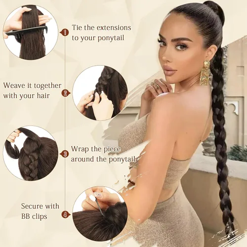 Miniatura 4 de Sofeiyan Extensión de cola de caballo de trenza larga con banda para el cabello, lacio, elegante, envolvente, extensiones de cabello trenzado, cola