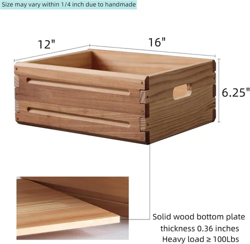 Miniatura 2 de Paquete de 1 Contenedor de Almacenamiento de Madera de 16"x12"x6.25". Caja Duradera de Madera Maciza Abierta con Asas. Cestas de Contenedor