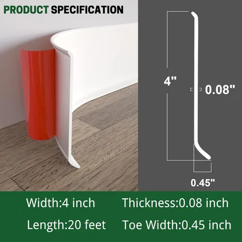 Miniatura 2 de Moldura flexible para zócalo, 4 pulgadas x 20 pies, base de vinilo para despegar y pegar, base de pared de goma autoadhesiva (S100, blanco)