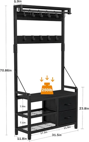 Miniatura 6 de Lulive Hall Tree, banco de entrada de 31.5 pulgadas con perchero independiente, banco de zapatos de diseño inteligente 5 en 1 y estante de pared, 17