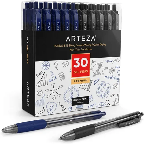 ARTEZA Juego de 30 bolígrafos de gel, 15 bolígrafos retráctiles negros y 15 azules, punta media de 0.028 in para oficina, escuela y tareas diarias