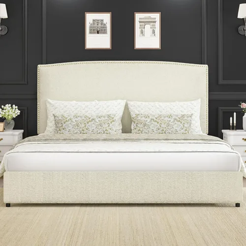 Miniatura 11 de Base de cama tamaño matrimonial con cabecero, plataforma tapizada de 56 pulgadas con ribete de cabeza de clavos, tela suave de bucle, no necesita