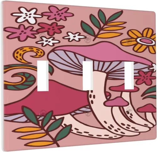 Miniatura 37 de Cubierta de interruptor de luz de palanca doble de 2 cuadras, color rosa, hongos, flores, placa de pared, placa frontal eléctrica, retro, años 70