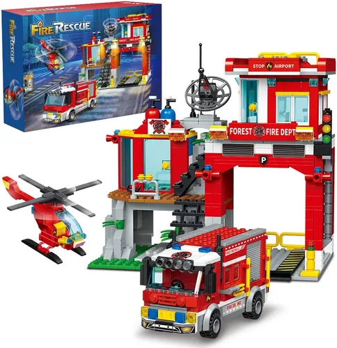 MindBox City Fire Rescue - Juego de construcción con estación de bomberos, camión y helicóptero, 772 piezas de juguete para niños mayores de 8 años