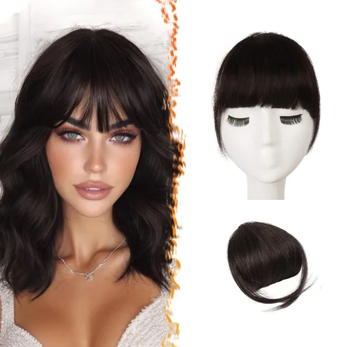 Miniatura 9 de BARSDAR Flequillo postizo de pelo humano real - Flequillo postizo 100% pelo humano para mujeres - Extensiones de flequillo ondulado castaño rojizo
