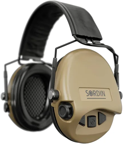 Sordin MIL AUX Slim Ear Muffs - Active and Electronic Military Ear Defenders w/Leather Headband - Tactical Earmuffs Beige Bronceado