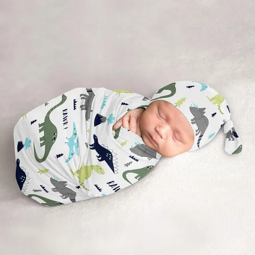 Sweet Jojo Designs Mod Dino - Juego de 2 gorros y capullo para bebé, saco de dormir de punto elástico para bebé, recién nacido, saco de dormir, saco