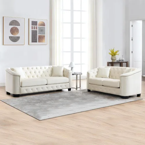 Miniatura 8 de mikibama Juego de sofá de terciopelo Chesterfield de lujo de 2 piezas para sala de estar, muebles de decoración moderna, sofá seccional, sofá de 3