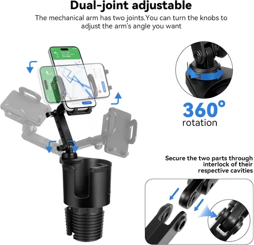 Miniatura 4 de Soporte de teléfono para automóvil, expansor de portavasos 2 en 1 con soporte para teléfono, soporte universal ajustable para teléfono, brazo largo