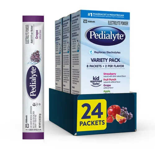 Miniatura 7 de Pedialyte Polvo de electrolitos Bebida de hidratación para niños y adultos Paquete variado: uva, ponche de fruta de fresa y manzana, 8 paquetes