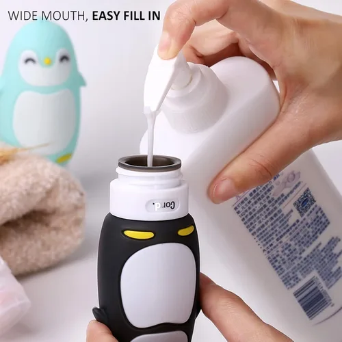 Miniatura 3 de Juego de botellas de viaje para líquidos, aprobados por la TSA a prueba de fugas, recipientes de viaje cosméticos de silicona, para champú, Pingüino