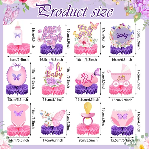 Miniatura 4 de Honoson 12 piezas de decoraciones de mariposa para baby shower para niña, centros de mesa de nido de abeja, suministros de fiesta de revelación
