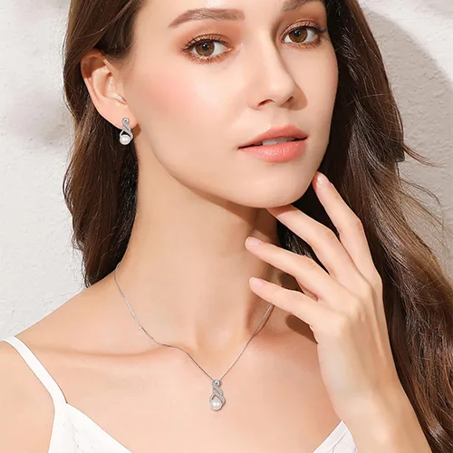 Miniatura 3 de EleQueen 925 plata de ley CZ perlas cultivadas de agua dulce colgante nupcial collar pendientes conjuntos de joyería de boda, día de San ValentínDía