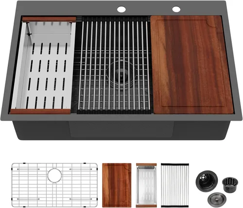 Logmey Fregadero de cocina negro 33x22 empotrable, estación de trabajo de fregadero de cocina, SUS304 calibre 16 acero inoxidable, tazón individual,