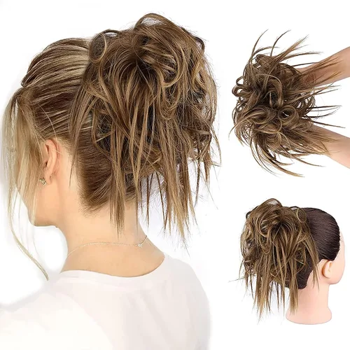 Miniatura 49 de HMD - Extensiones de cabello tipo chongo alborotado con rodelo despeinado, banda elástica de goma, extensiones de cabello sintético para mujer