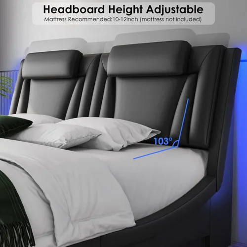 Miniatura 5 de Keyluv Armazón de cama moderno tapizado con plataforma con cabecera LED ajustable y diseño de curva ondulada y soporte de listones de madera sólida