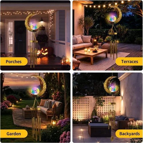 Miniatura 5 de Colorful Solar Moon Wind Chimes for Outside Unique Birthday Mom Gifts for Women Mom Grandma Crackle Glass Ball LED Wind Chimes Solar Lights Outdoor