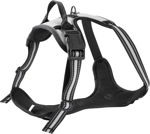 Miniatura 3 de Arnés gris sin tirones para perro con 2 clips para correa, chaleco acolchado suave para perros grandes, chaleco reflectante ajustable para perro