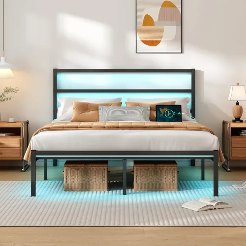 CLIBFENG Marco de cama tamaño completo con cabecero, soporte de listones de acero resistente, marco de cama LED con estación de carga USB, base de