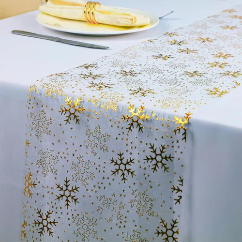 Miniatura 34 de Snowkingdom Camino de mesa dorado metálico con purpurina de 11 x 108 pulgadas, malla fina brillante, decoración de mesa para boda, despedida